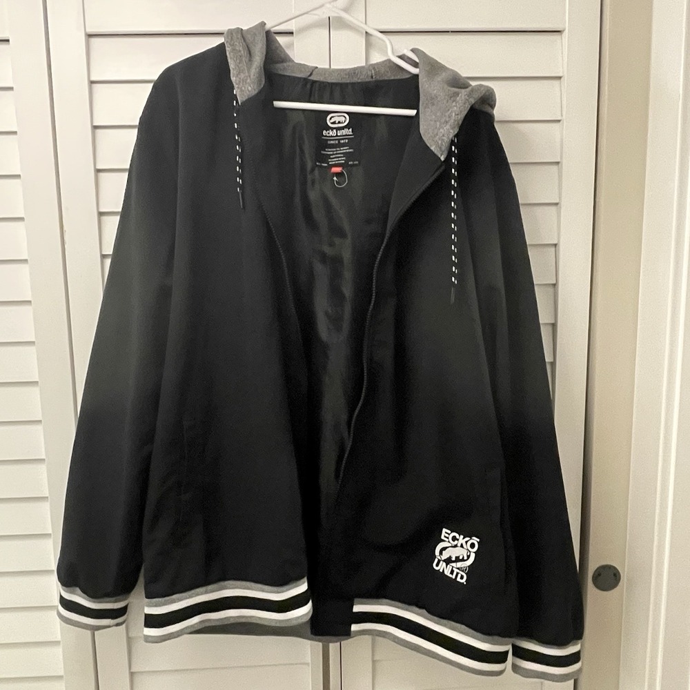 Ecko Unltd Men's 2XL Varsity Jacket Black‎ Gray Hood Logo Streetwear Zip